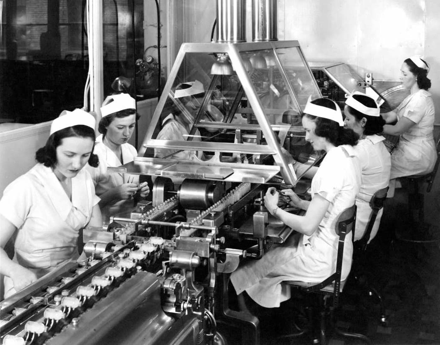 Lilly employees working on a penicillin manufacturing line in the 1940s