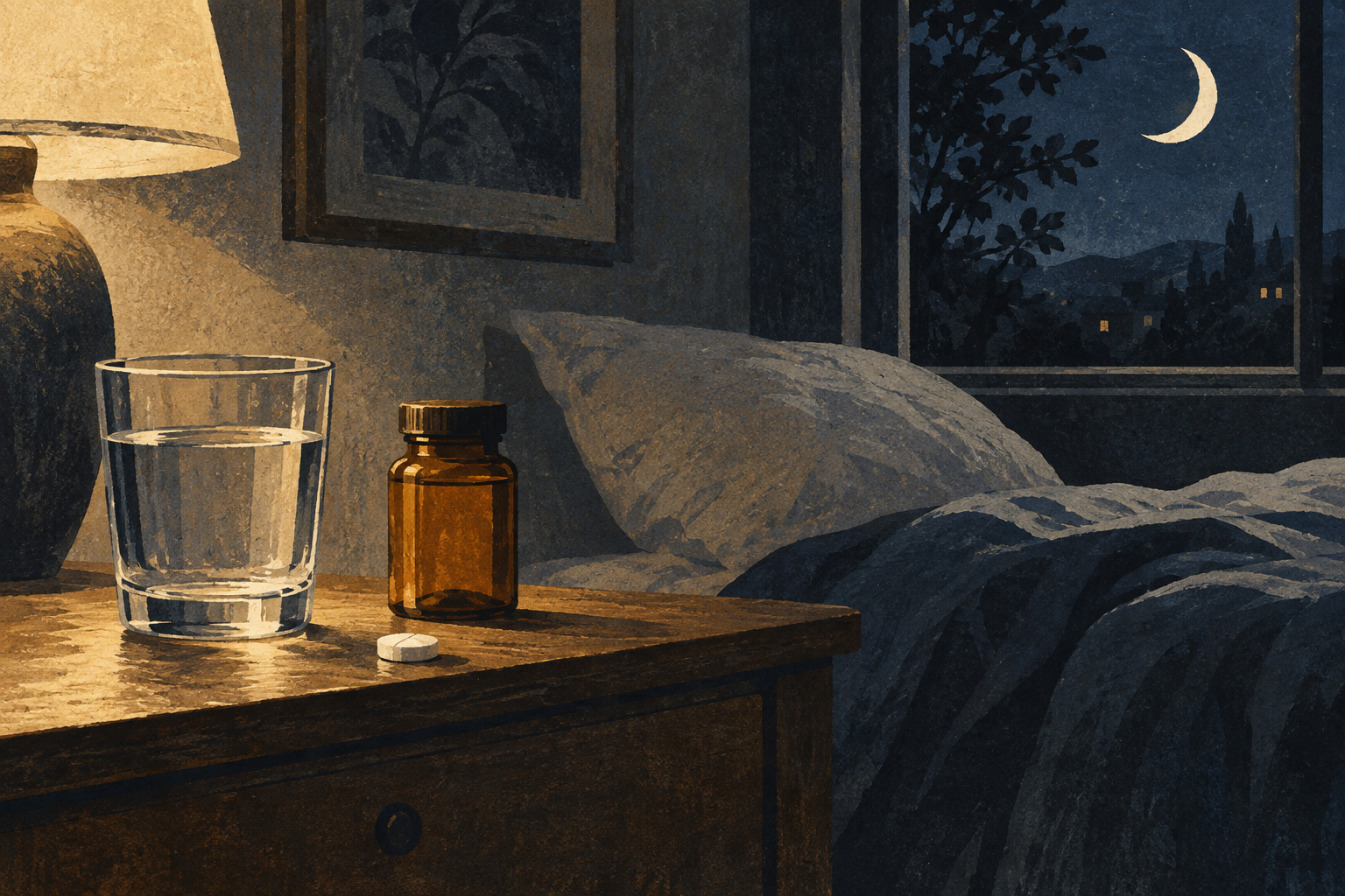 Original illustration of a moonlit bedroom with an unbranded medicine bottle and a glass of water.